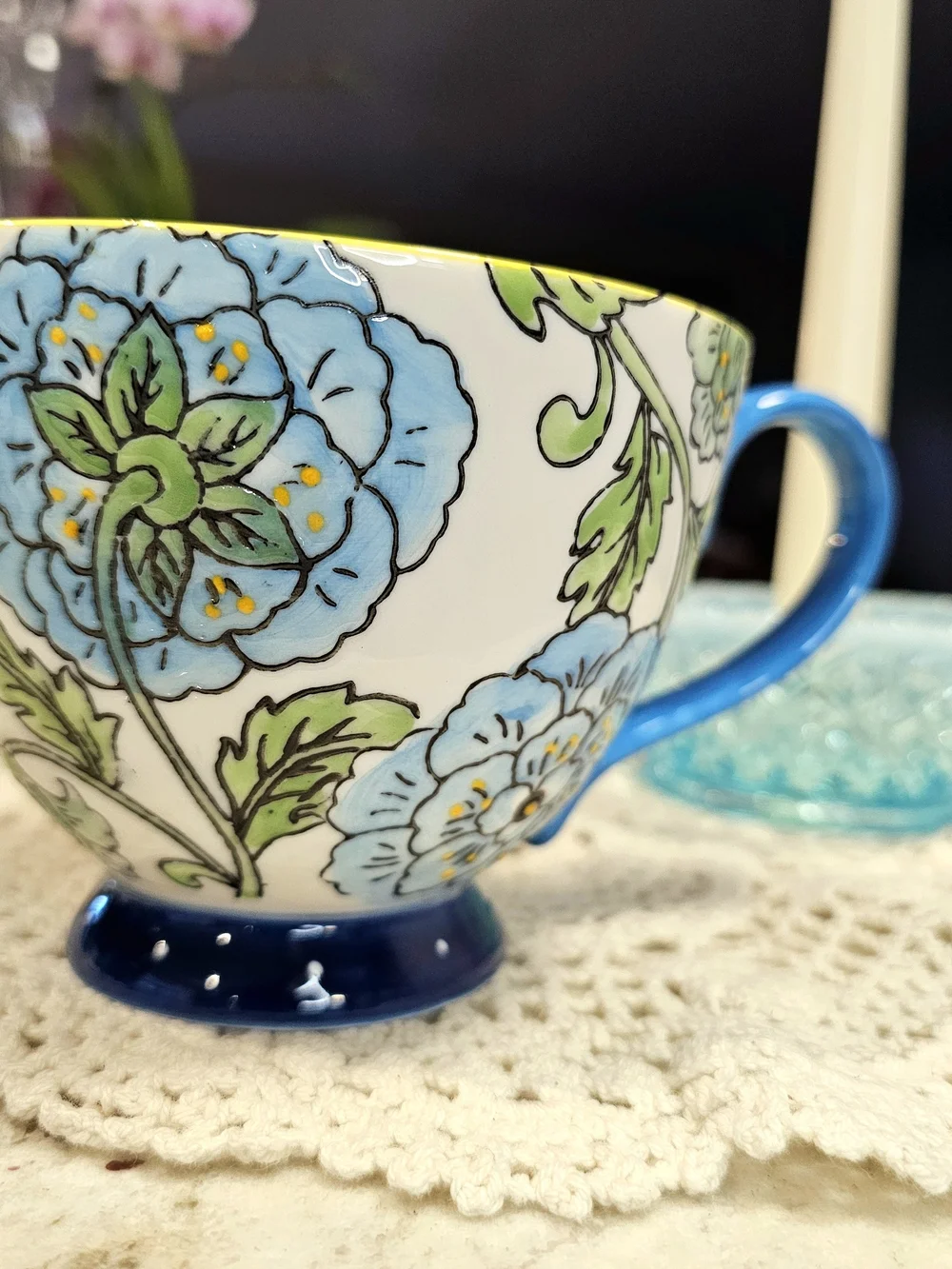 Blue Handpainted Floral Ceramuc Mug Pedestal Base Garden Teacup Special Moments
